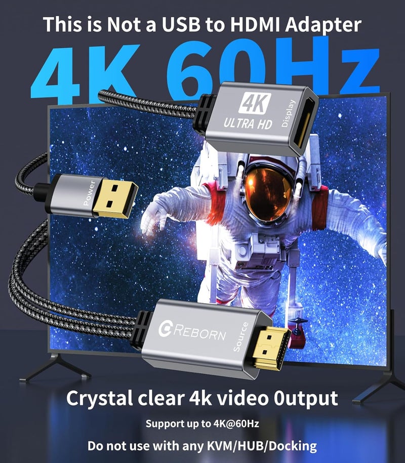 REBORN Active HDMI to DisplayPort Adapter | 4K@60Hz Converter Unidirectional HDMI Source to DP Display HDR Compatible with Laptop,AMD,NVIDIA,PS5,Xbox and More - Image 2